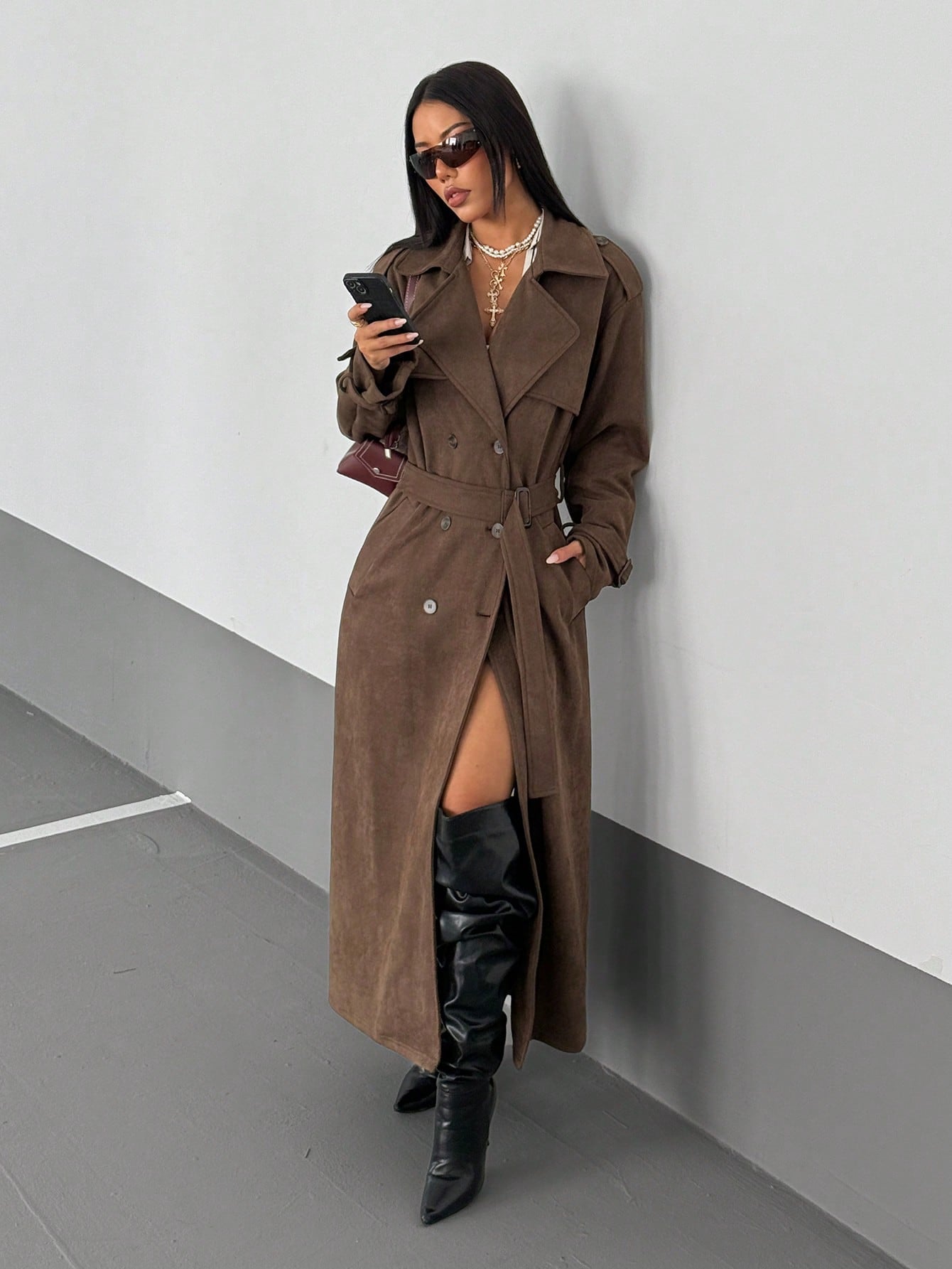 Lunelith SHEIN Lunessa Women's Retro Vintage Style Brown Wrap Trench Coat , Womens Fall Clothes, Brown Winter Outfit Women,  Thanksgiving Outfit For Women, Baddie Outfit