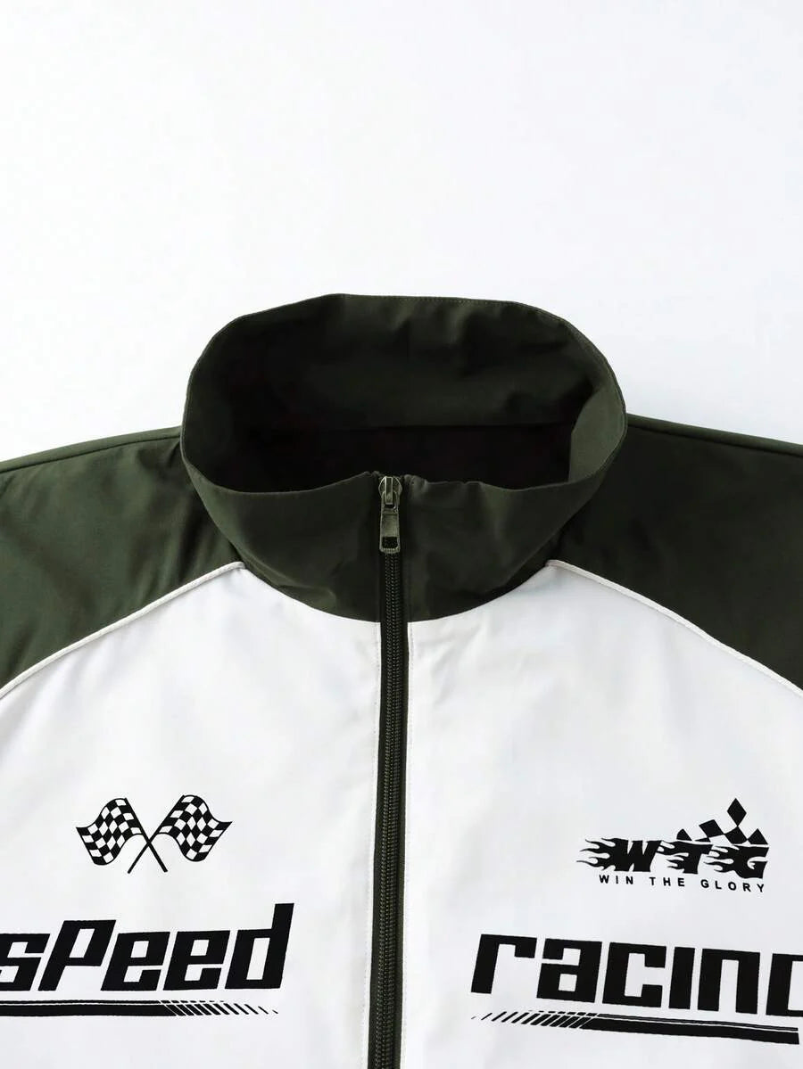 Manfinity EMRG Men's Color-Blocking Zipper Letter Printed Casual Long Sleeve Outdoor Windbreaker Jacket Coat