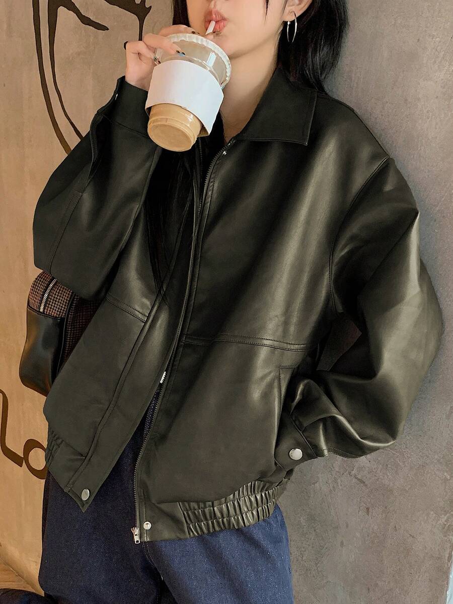 DAZY Women's Casual Solid Color Long Sleeve Loose Zip-Up PU Leather Jacket, Fall Women Clothes