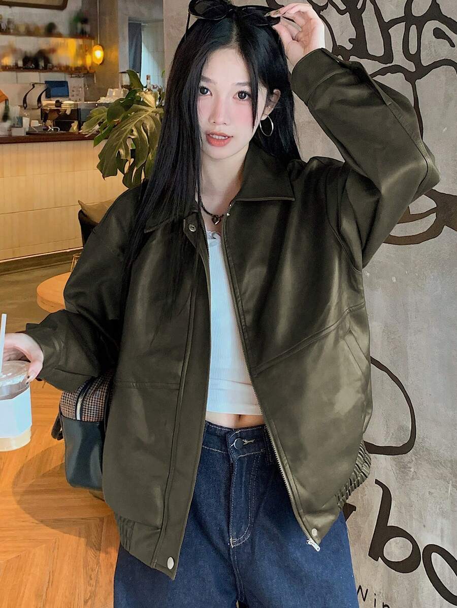 DAZY Women's Casual Solid Color Long Sleeve Loose Zip-Up PU Leather Jacket, Fall Women Clothes