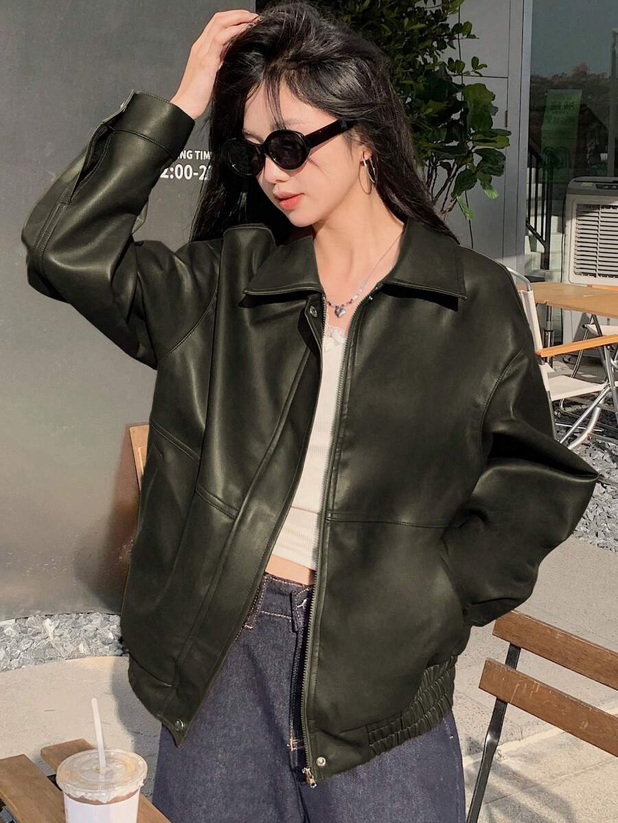 DAZY Women's Solid Color Long Sleeve Zipper Front PU Leather Loose Casual Jacket, Autumn, Fall Women Clothes