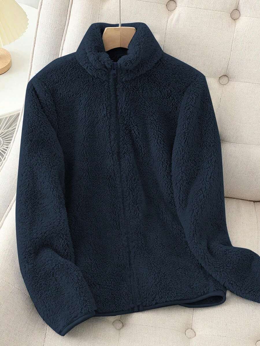 Women's Solid Color Thick Warm Double-Sided Fleece Zip-Up Jacket, Winter