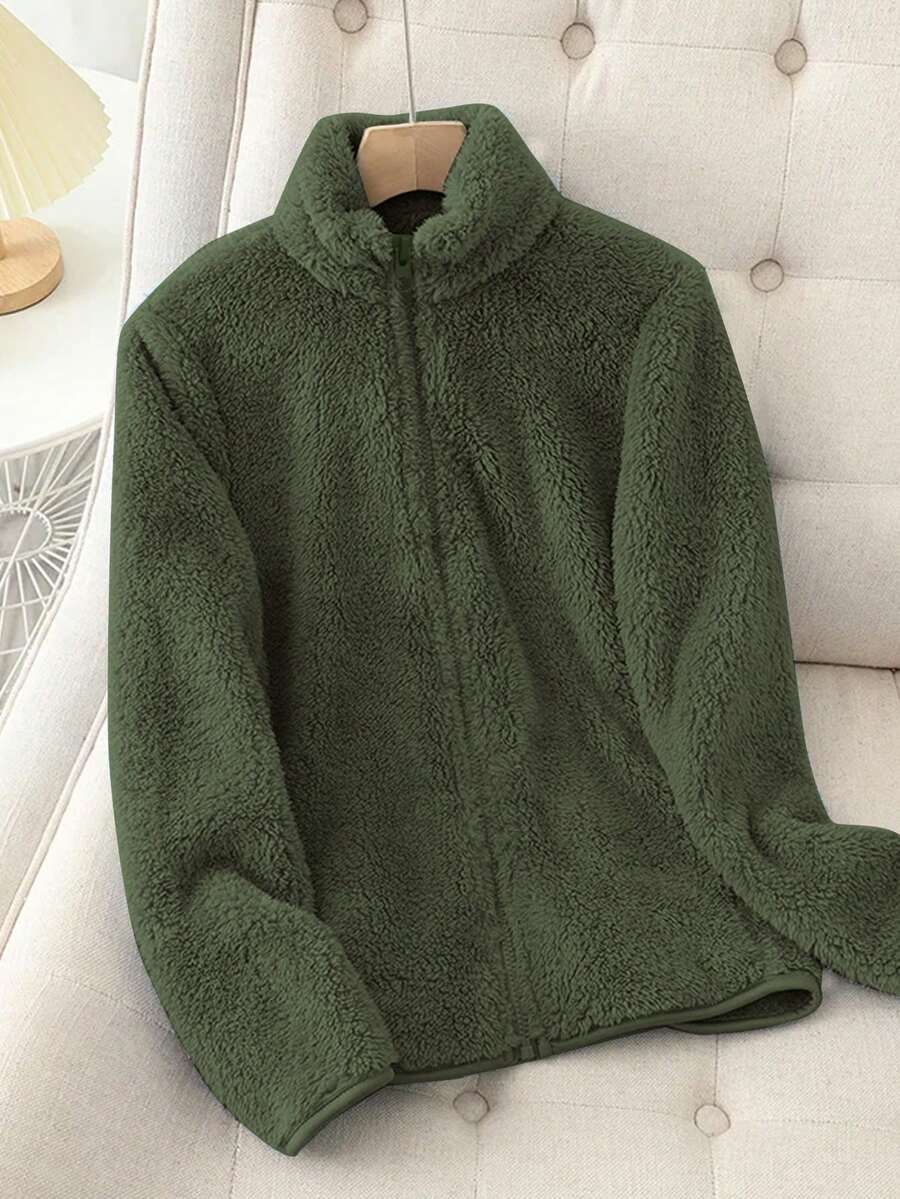 Women's Solid Color Thick Warm Double-Sided Fleece Zip-Up Jacket, Winter