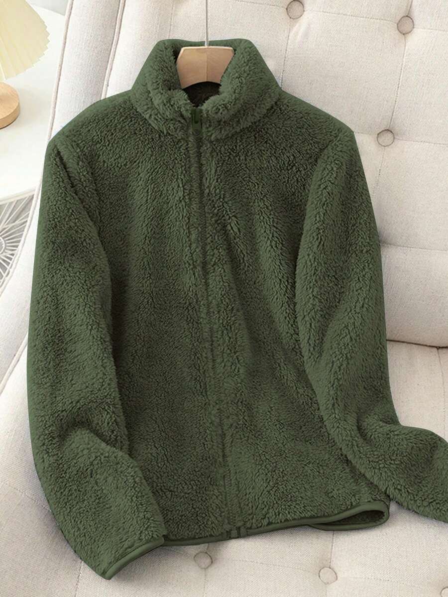 Women's Solid Color Thick Warm Double-Sided Fleece Zip-Up Jacket, Winter