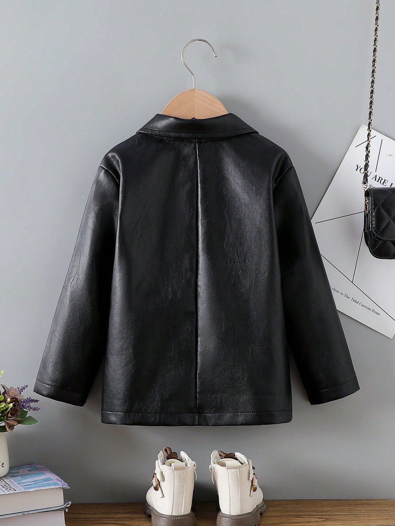 4-7 Years Old Girls Autumn New Jacket, Lapel Fake Pocket PU Leather Long Sleeve Cool Jacket Coat, Suitable For Outings, Parties, And Daily Wear