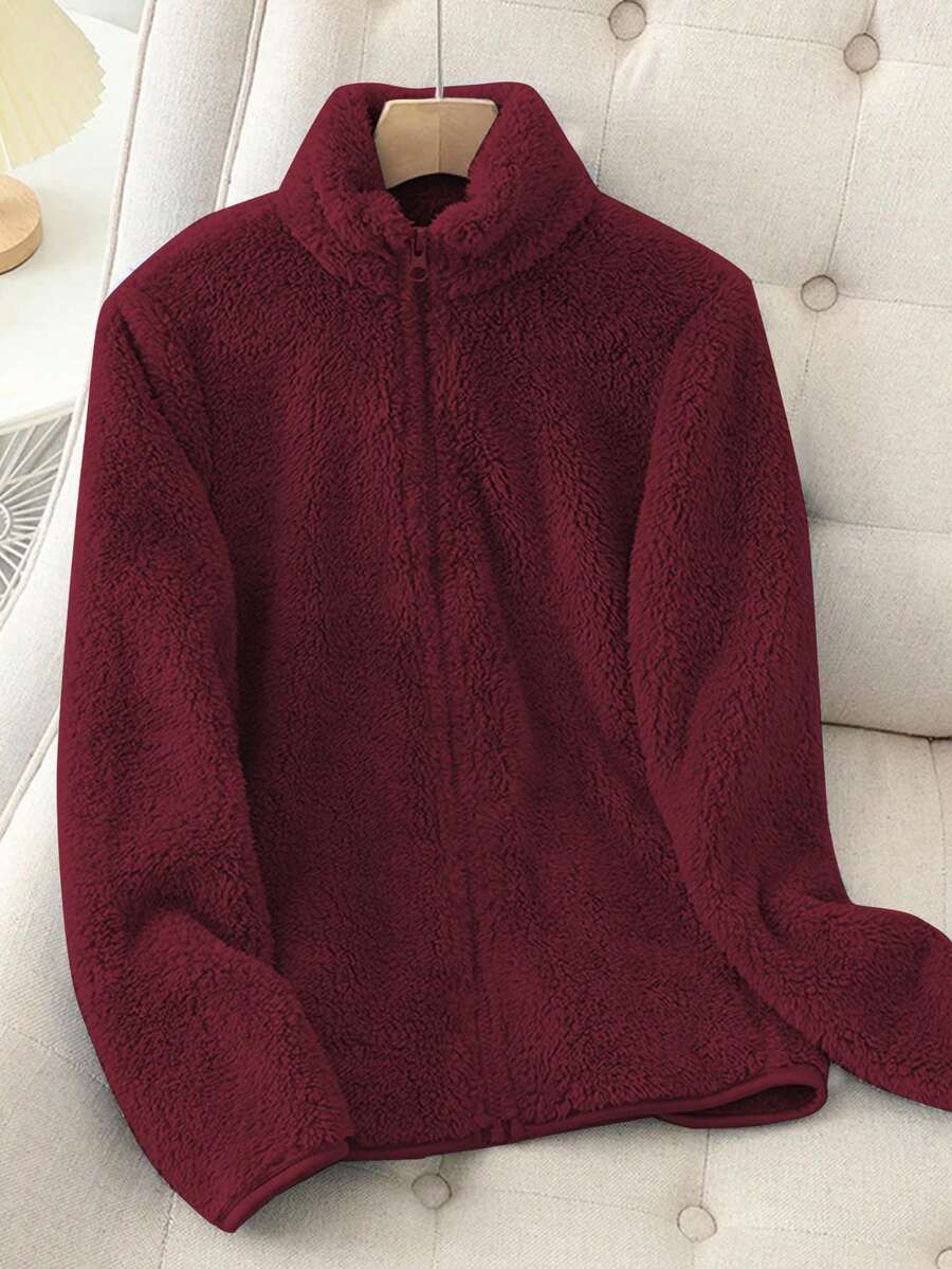 Women's Solid Color Thick Warm Double-Sided Fleece Zip-Up Jacket, Winter
