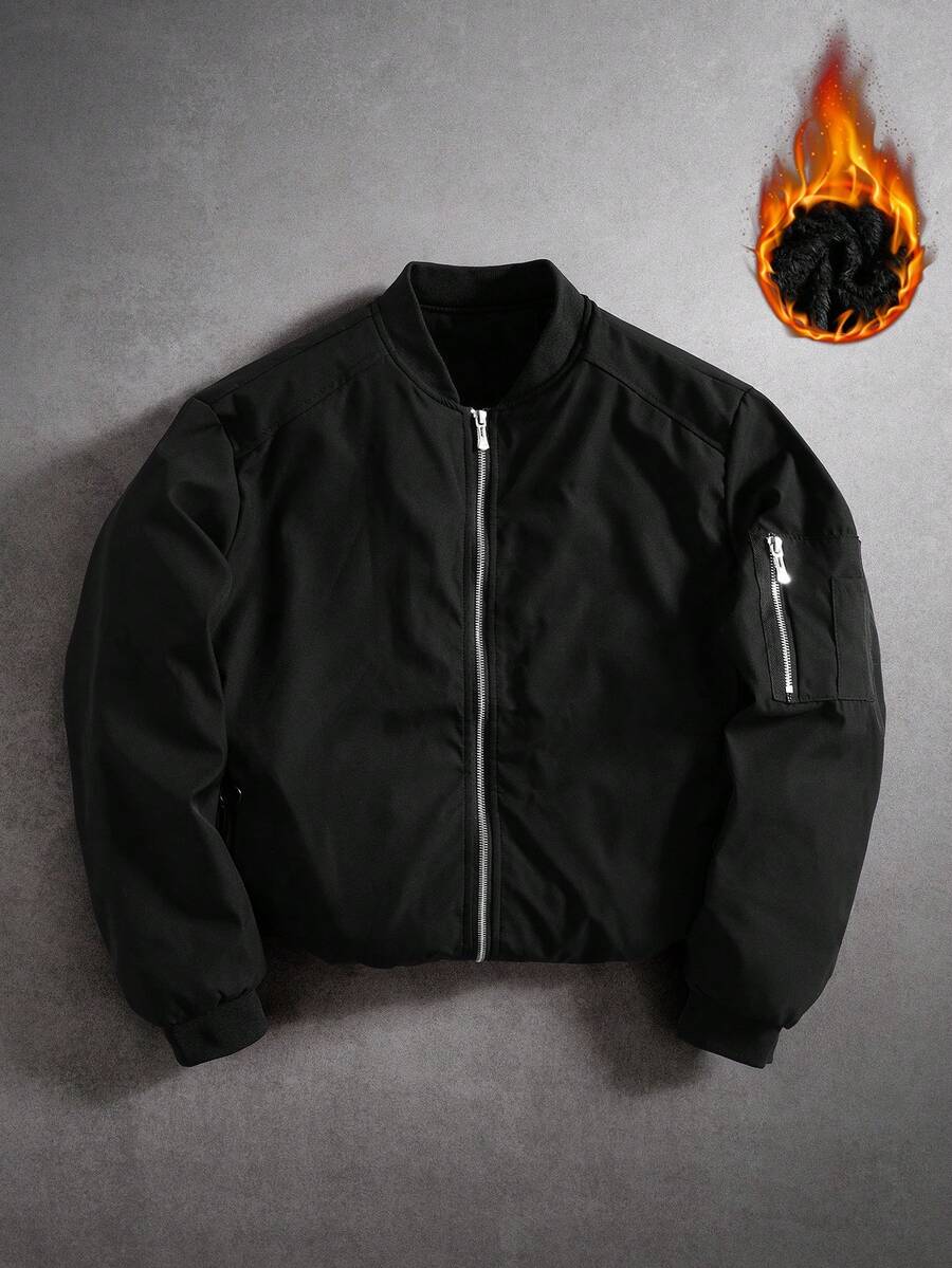 Manfinity EMRG Men's Solid Color Zipper Fashion Versatile Outdoor Windbreaker Jacket Black Bomber
