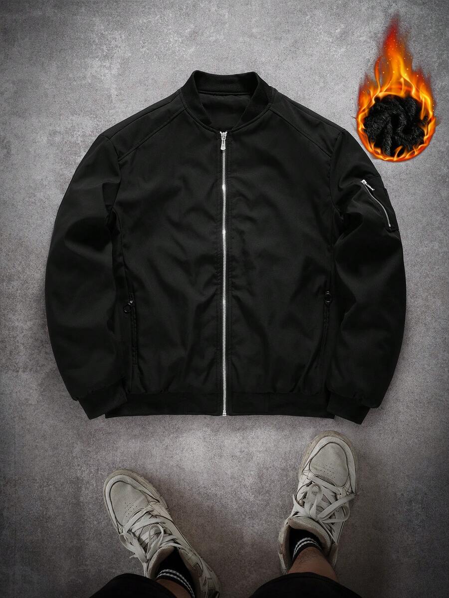 Manfinity EMRG Men's Solid Color Zipper Fashion Versatile Outdoor Windbreaker Jacket Black Bomber