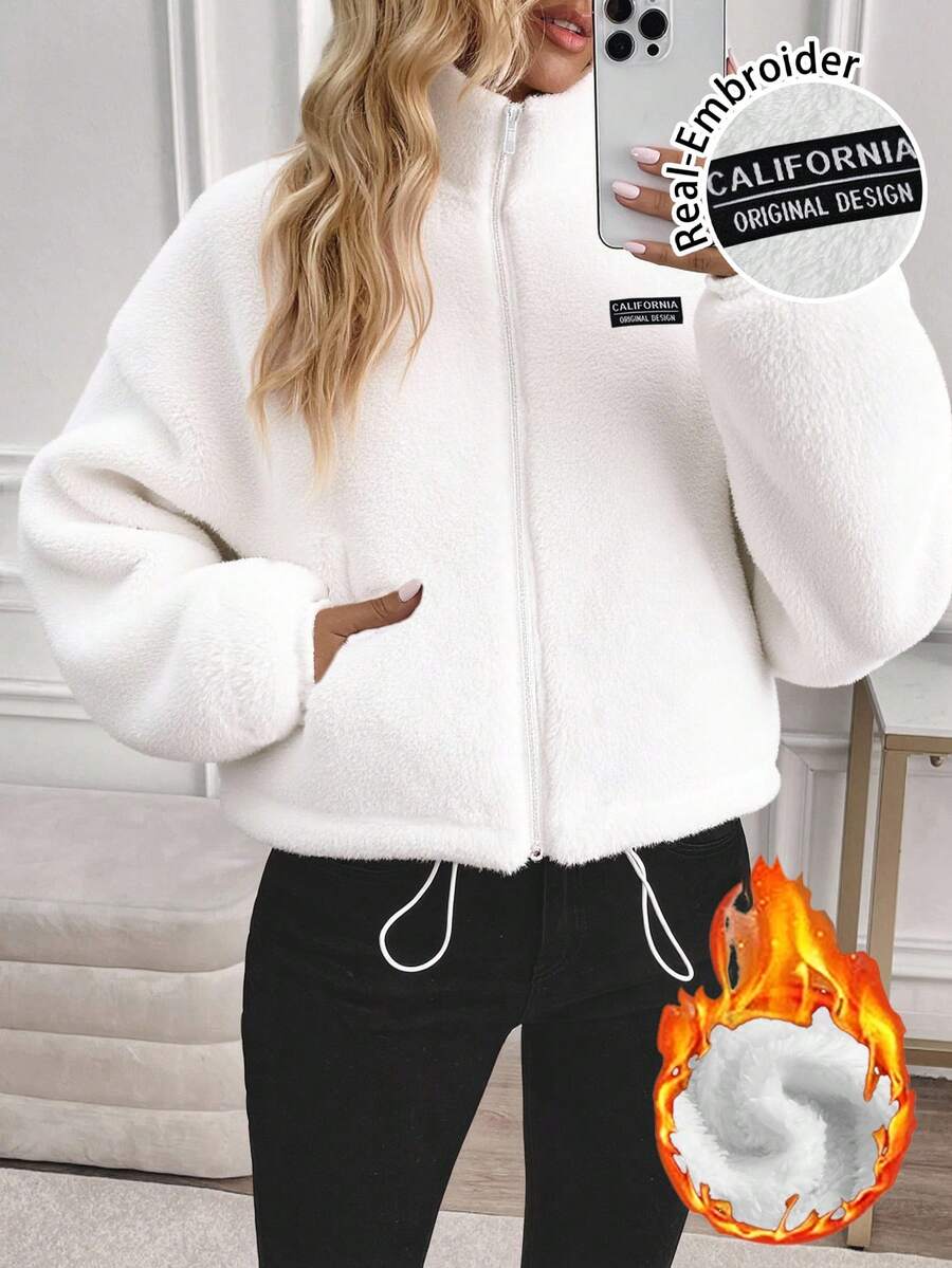 SHEIN LUNE Women's Casual Minimalist Black Reversible Fleece Zip-Up Drawstring Long Sleeve Crew Neck Sweatshirt Jacket, Suitable For Autumn/Winter,Fall,Fall Clothes For Women
