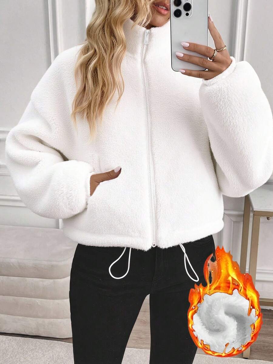 SHEIN LUNE Women's Casual Minimalist Black Reversible Fleece Zip-Up Drawstring Long Sleeve Crew Neck Sweatshirt Jacket, Suitable For Autumn/Winter,Fall,Fall Clothes For Women