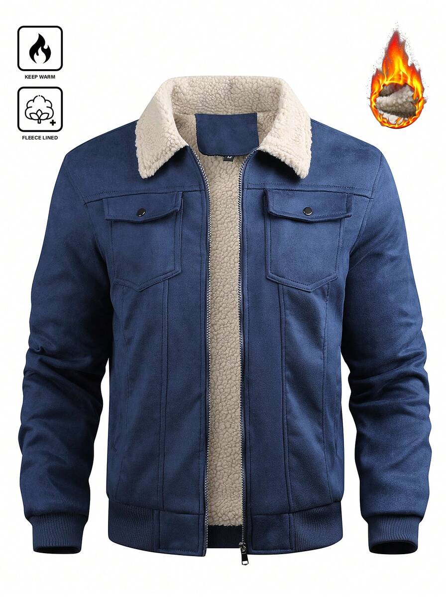 Manfinity Homme Men's Sherpa Fleece Jacket, Faux Suede Fur Collar, For Fall Winter
