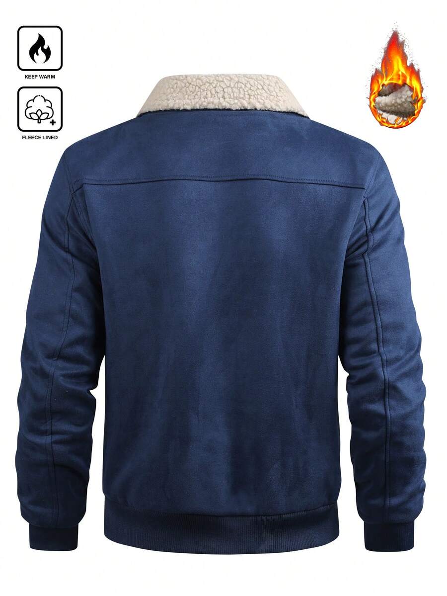 Manfinity Homme Men's Sherpa Fleece Jacket, Faux Suede Fur Collar, For Fall Winter