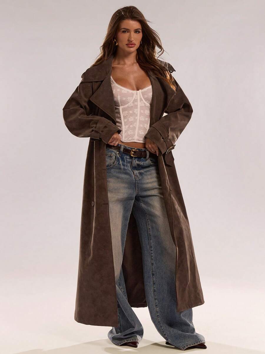 BAE New Warm Wind-Proof Coffee Color Versatile Extra Long Cinched Waist Double-Breasted Decoration England Style Large Turn-Down Collar Trench Coat In Fall/Winter, Khaki Contrast Brown Sleeve Windbreaker Barn Style Contrast Cuff Double-Breasted Trench C