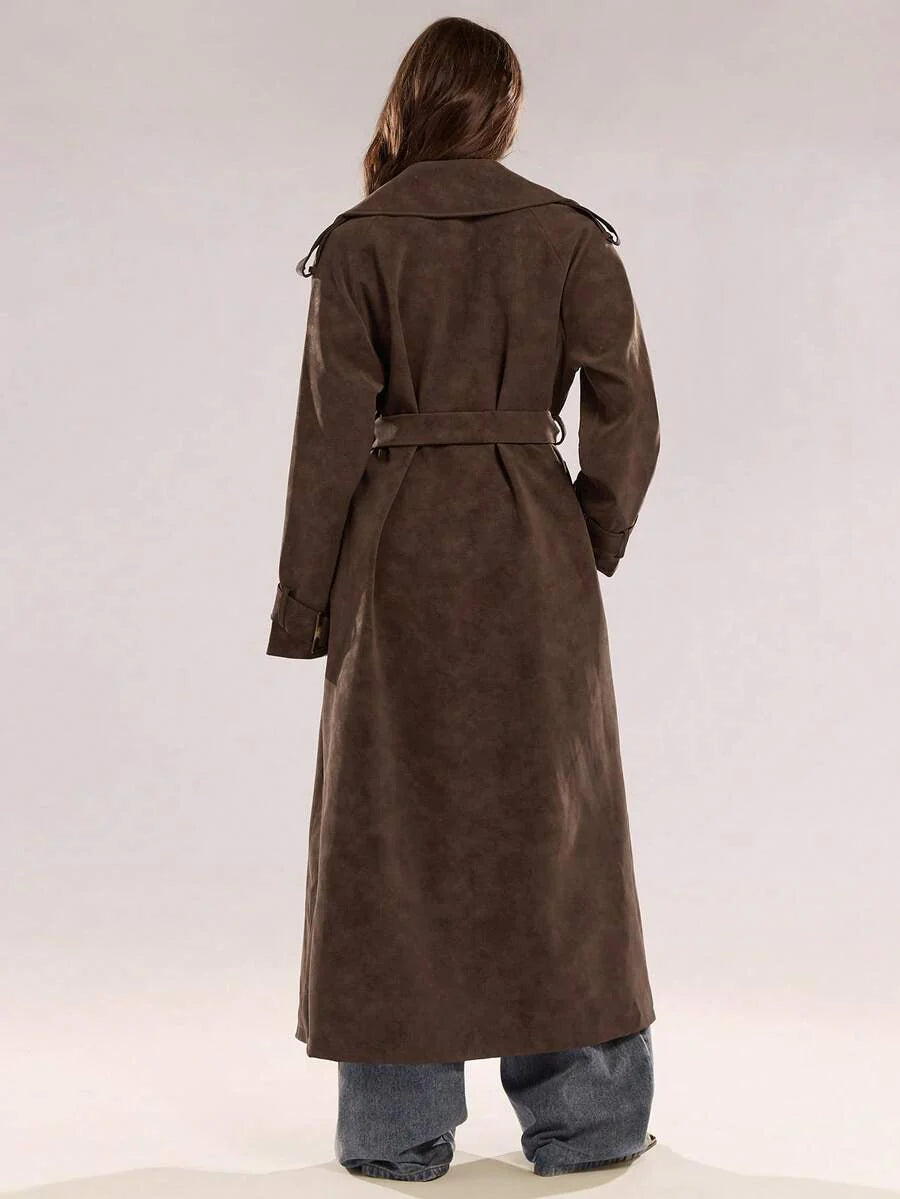 BAE New Warm Wind-Proof Coffee Color Versatile Extra Long Cinched Waist Double-Breasted Decoration England Style Large Turn-Down Collar Trench Coat In Fall/Winter, Khaki Contrast Brown Sleeve Windbreaker Barn Style Contrast Cuff Double-Breasted Trench C
