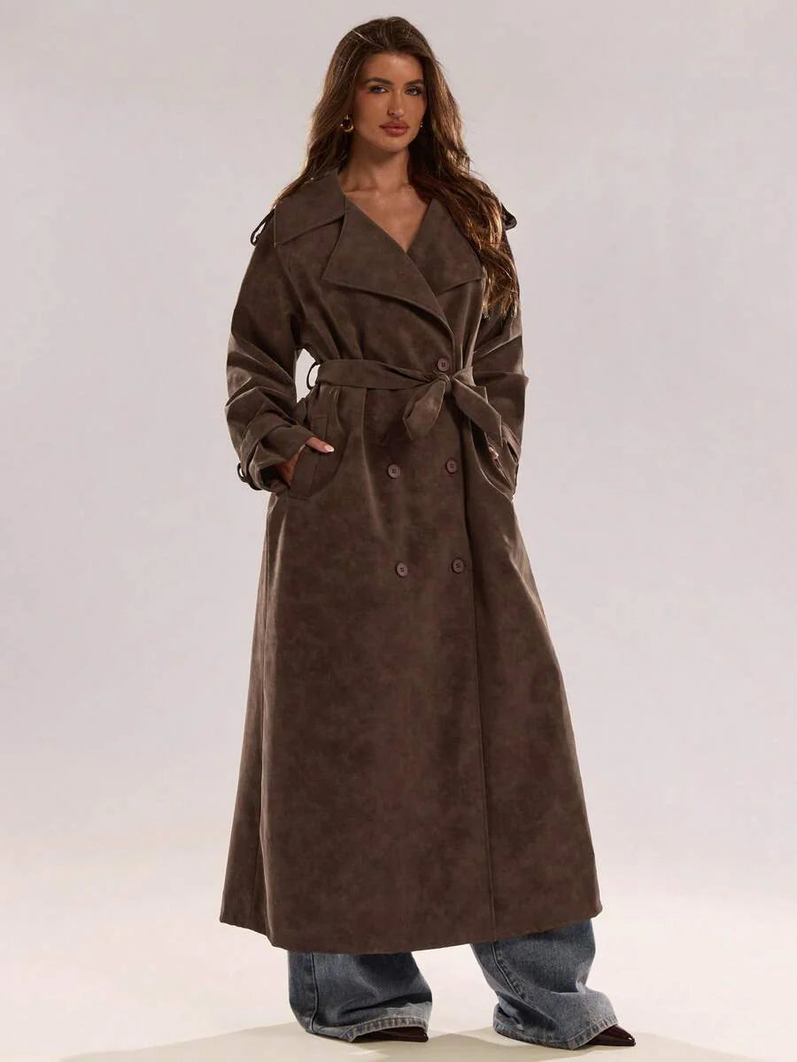BAE New Warm Wind-Proof Coffee Color Versatile Extra Long Cinched Waist Double-Breasted Decoration England Style Large Turn-Down Collar Trench Coat In Fall/Winter, Khaki Contrast Brown Sleeve Windbreaker Barn Style Contrast Cuff Double-Breasted Trench C