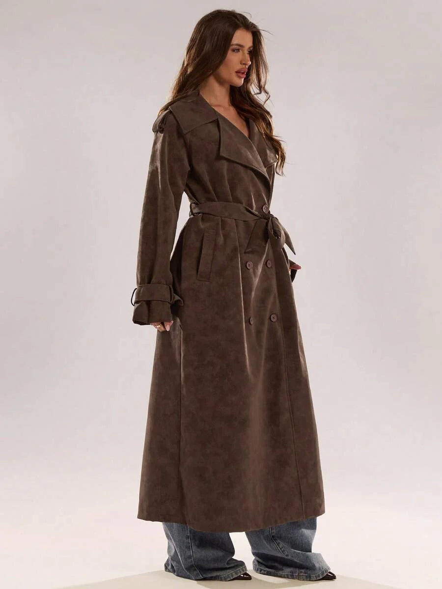 BAE New Warm Wind-Proof Coffee Color Versatile Extra Long Cinched Waist Double-Breasted Decoration England Style Large Turn-Down Collar Trench Coat In Fall/Winter, Khaki Contrast Brown Sleeve Windbreaker Barn Style Contrast Cuff Double-Breasted Trench C