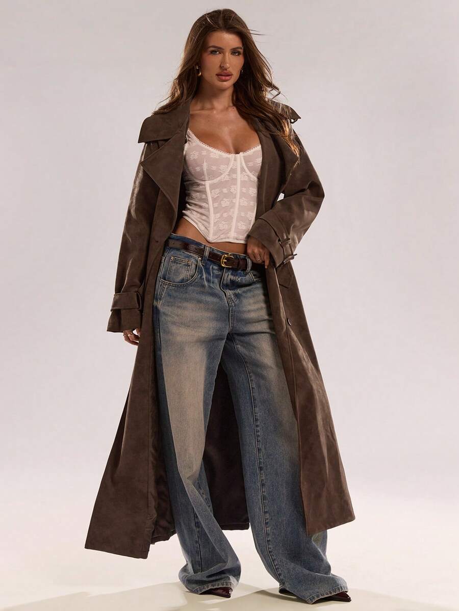 BAE New Warm Wind-Proof Coffee Color Versatile Extra Long Cinched Waist Double-Breasted Decoration England Style Large Turn-Down Collar Trench Coat In Fall/Winter, Khaki Contrast Brown Sleeve Windbreaker Barn Style Contrast Cuff Double-Breasted Trench C