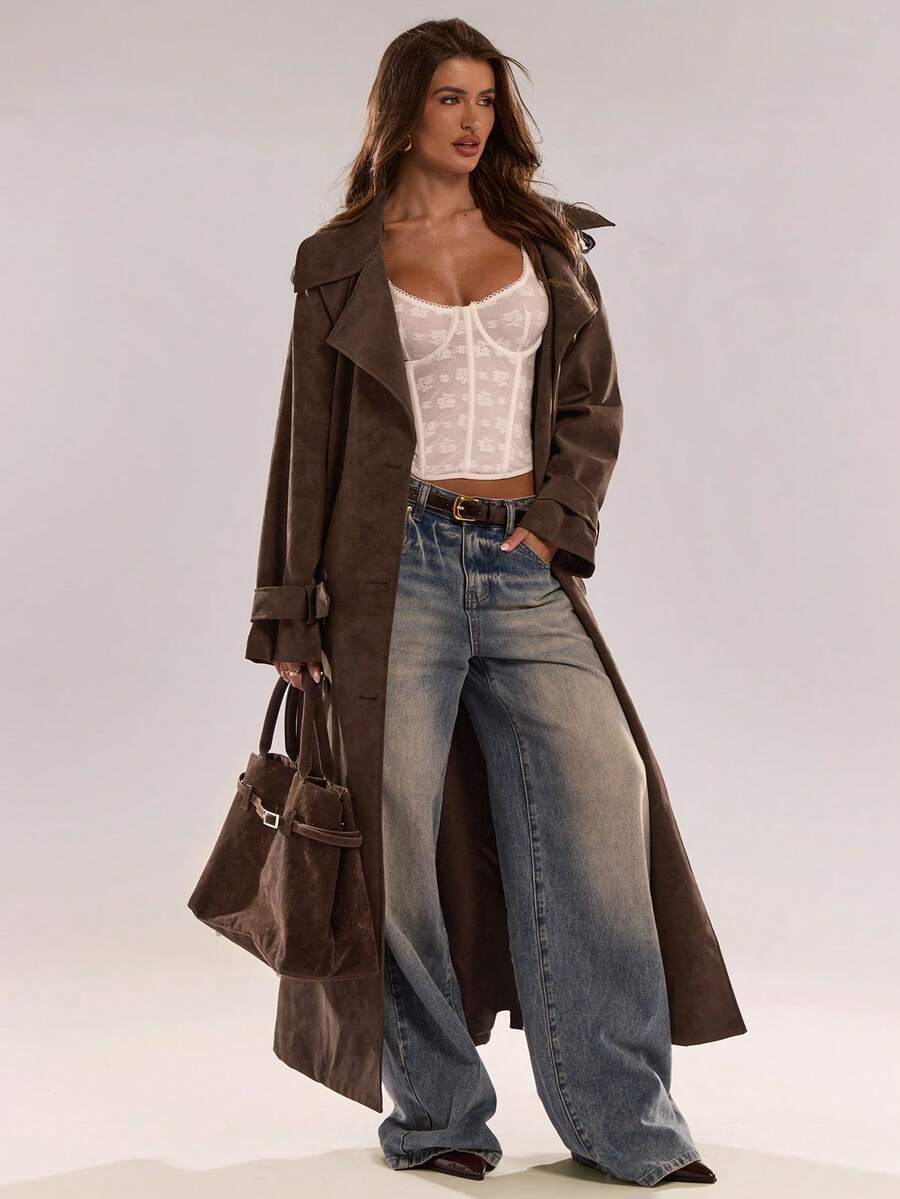 BAE New Warm Wind-Proof Coffee Color Versatile Extra Long Cinched Waist Double-Breasted Decoration England Style Large Turn-Down Collar Trench Coat In Fall/Winter, Khaki Contrast Brown Sleeve Windbreaker Barn Style Contrast Cuff Double-Breasted Trench C
