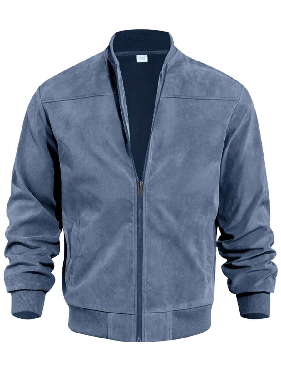 Men's Spring/Autumn Suede Fleece Lightweight Jacket, Comfortable Soft Casual Outerwear, Retro Stand Collar Zipper Baseball Jacket, Loose Minimalist Versatile Short Top [Runs Large, Suggest Ordering One Size Down]