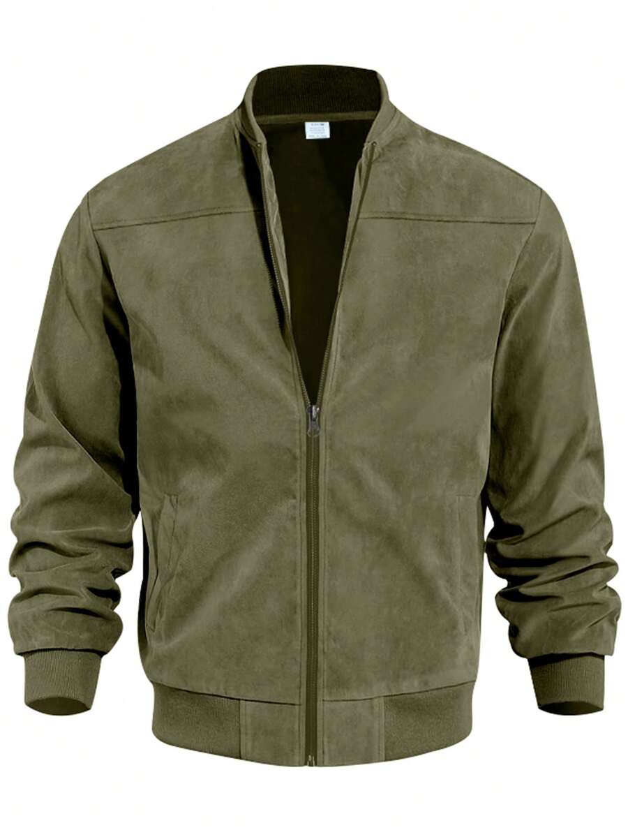 Men's Spring/Autumn Suede Fleece Lightweight Jacket, Comfortable Soft Casual Outerwear, Retro Stand Collar Zipper Baseball Jacket, Loose Minimalist Versatile Short Top [Runs Large, Suggest Ordering One Size Down]