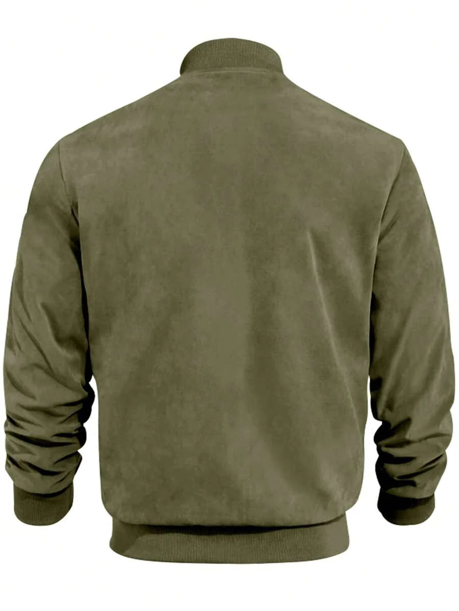 Men's Spring/Autumn Suede Fleece Lightweight Jacket, Comfortable Soft Casual Outerwear, Retro Stand Collar Zip-Up Baseball Jacket, Loose Minimalist Versatile Short Top [Runs Large, Suggest Ordering One Size Down]
