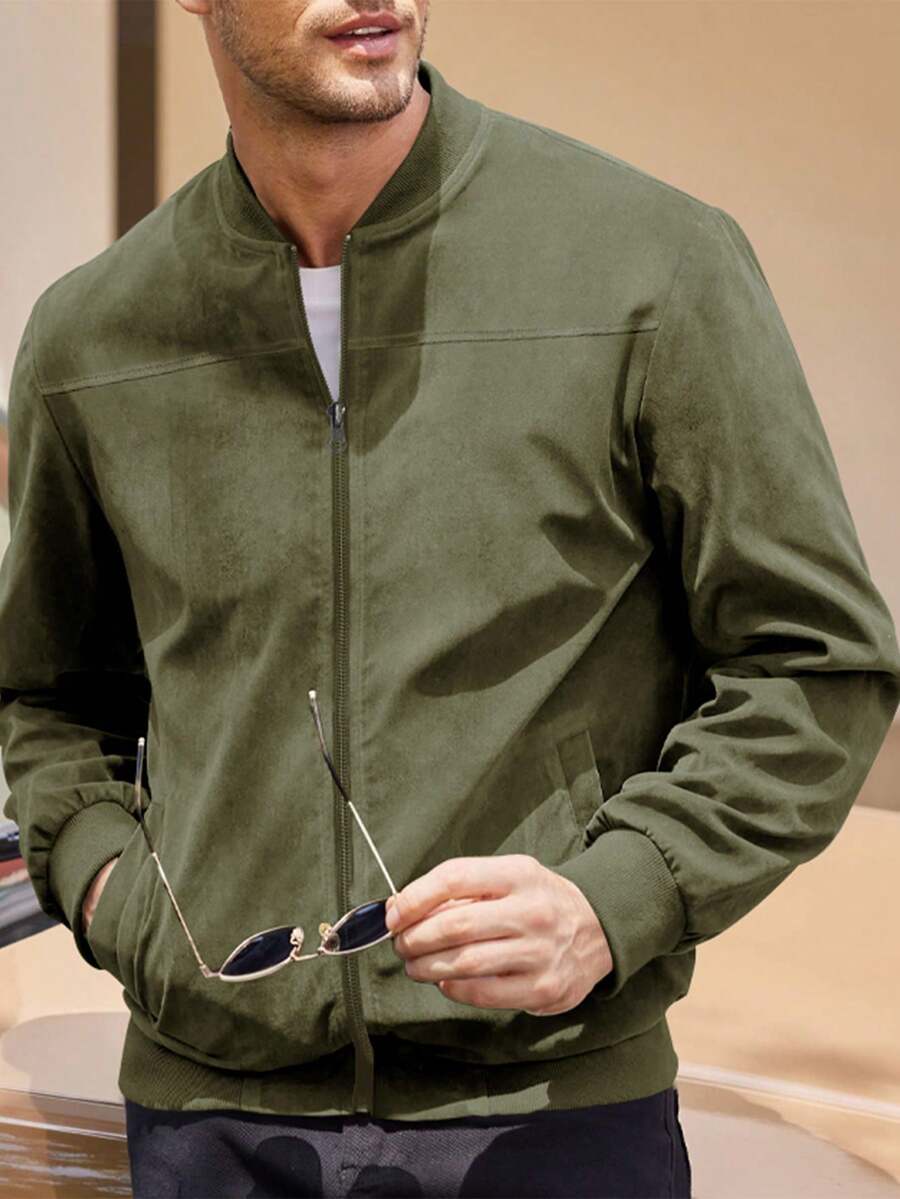 Men's Spring/Autumn Suede Fleece Lightweight Jacket, Comfortable Soft Casual Outerwear, Retro Stand Collar Zip-Up Baseball Jacket, Loose Minimalist Versatile Short Top [Runs Large, Suggest Ordering One Size Down]
