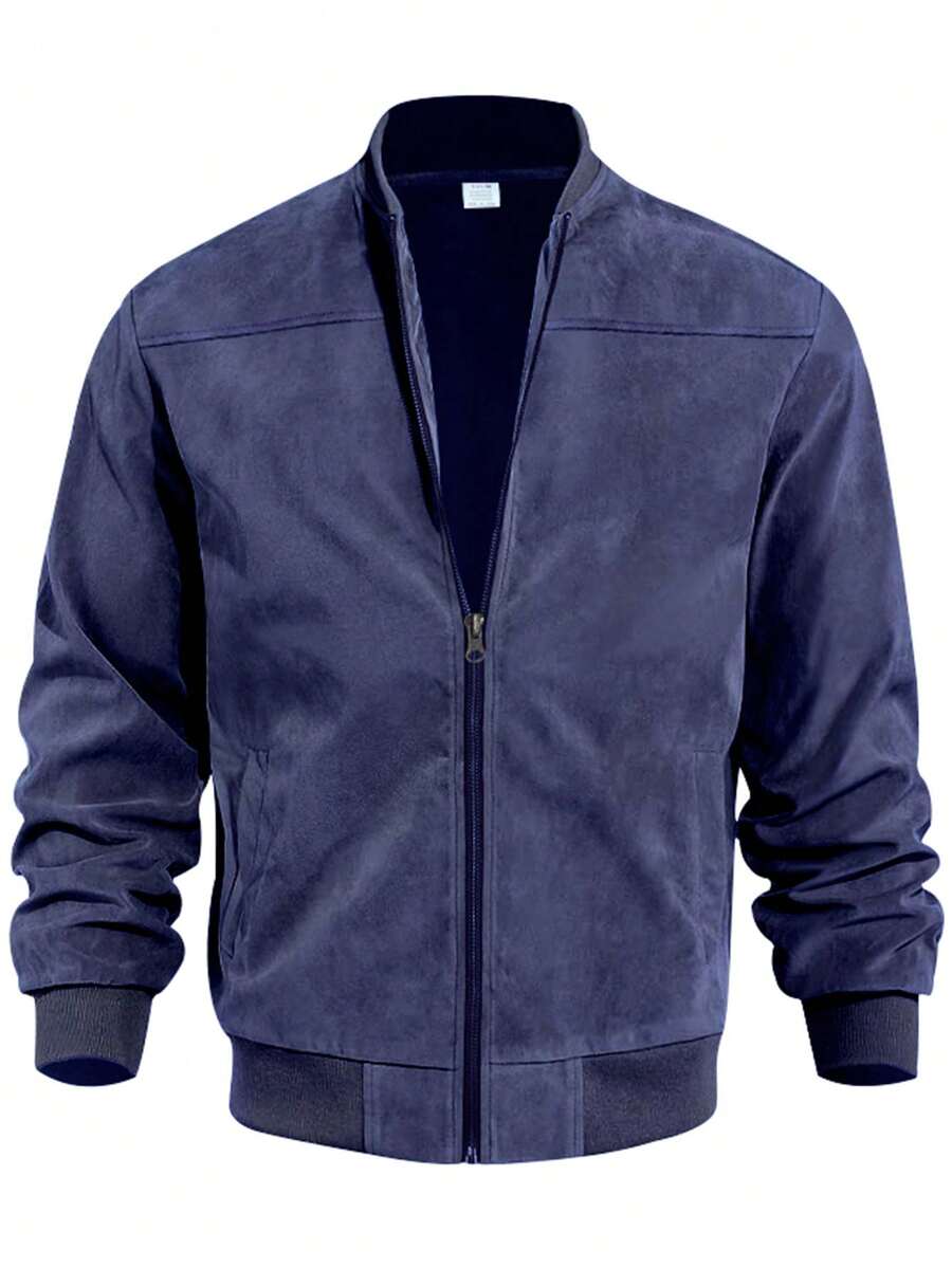 Men's Spring/Autumn Suede Fleece Lightweight Jacket, Comfortable Soft Casual Outerwear, Retro Stand Collar Zipper Baseball Jacket, Loose Minimalist Versatile Short Top [Runs Large, Suggest Ordering One Size Down]