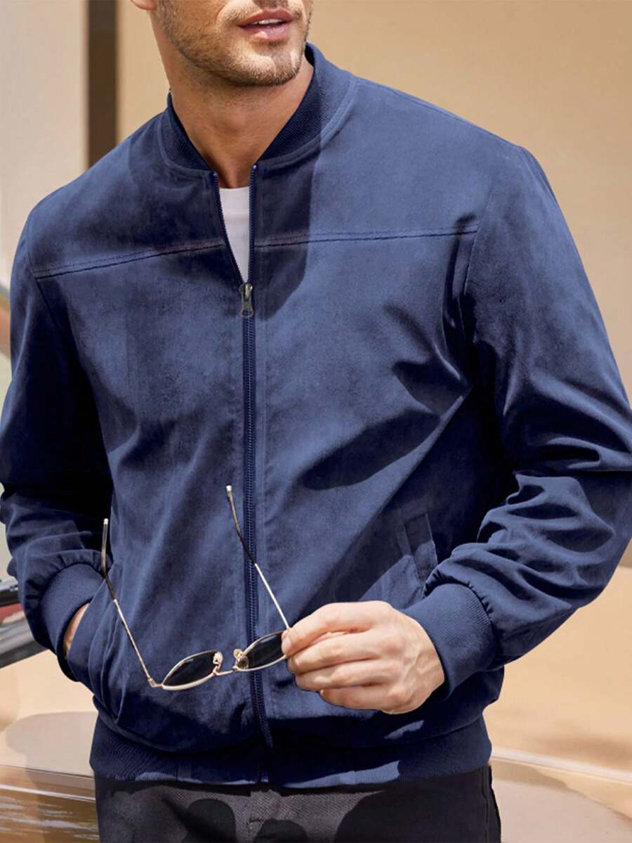 Men's Spring/Autumn Suede Fleece Lightweight Jacket, Comfortable Soft Casual Outerwear, Retro Stand Collar Zipper Baseball Jacket, Loose Minimalist Versatile Short Top [Runs Large, Suggest Ordering One Size Down]
