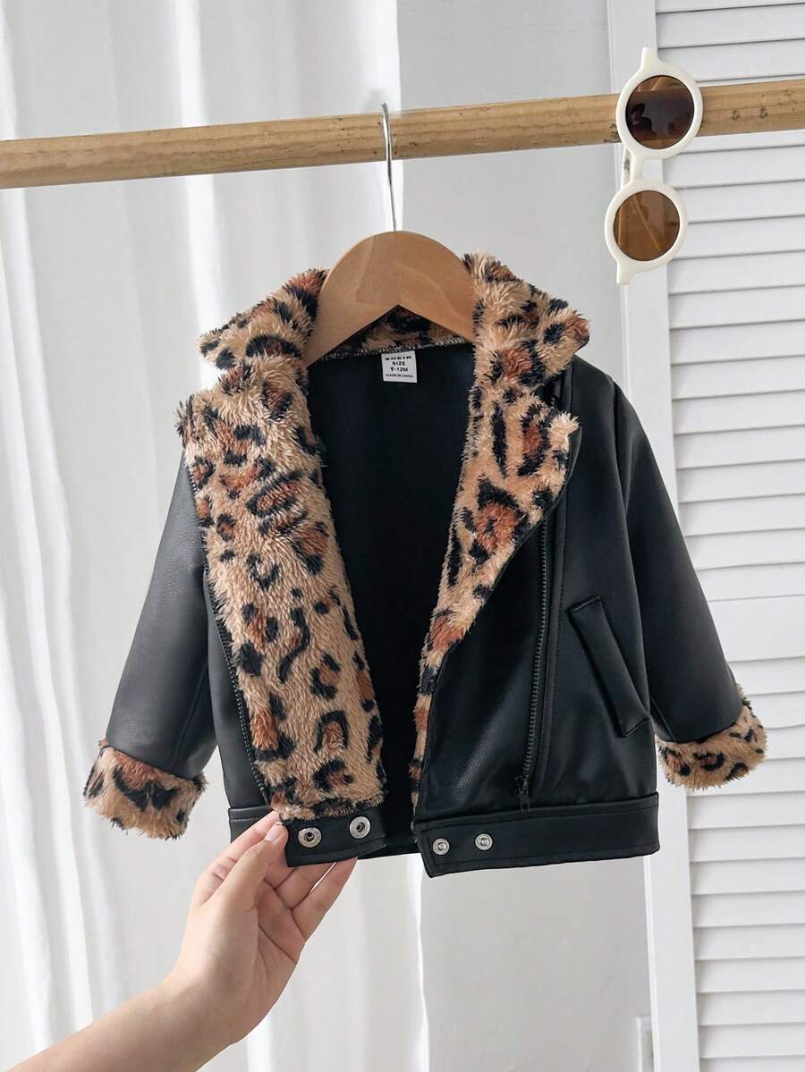 SHEIN Playful Pals Plush Patchwork Baby Boy Faux Leather Jacket, Fashionable Casual Streetwear Baby Boy Jacket