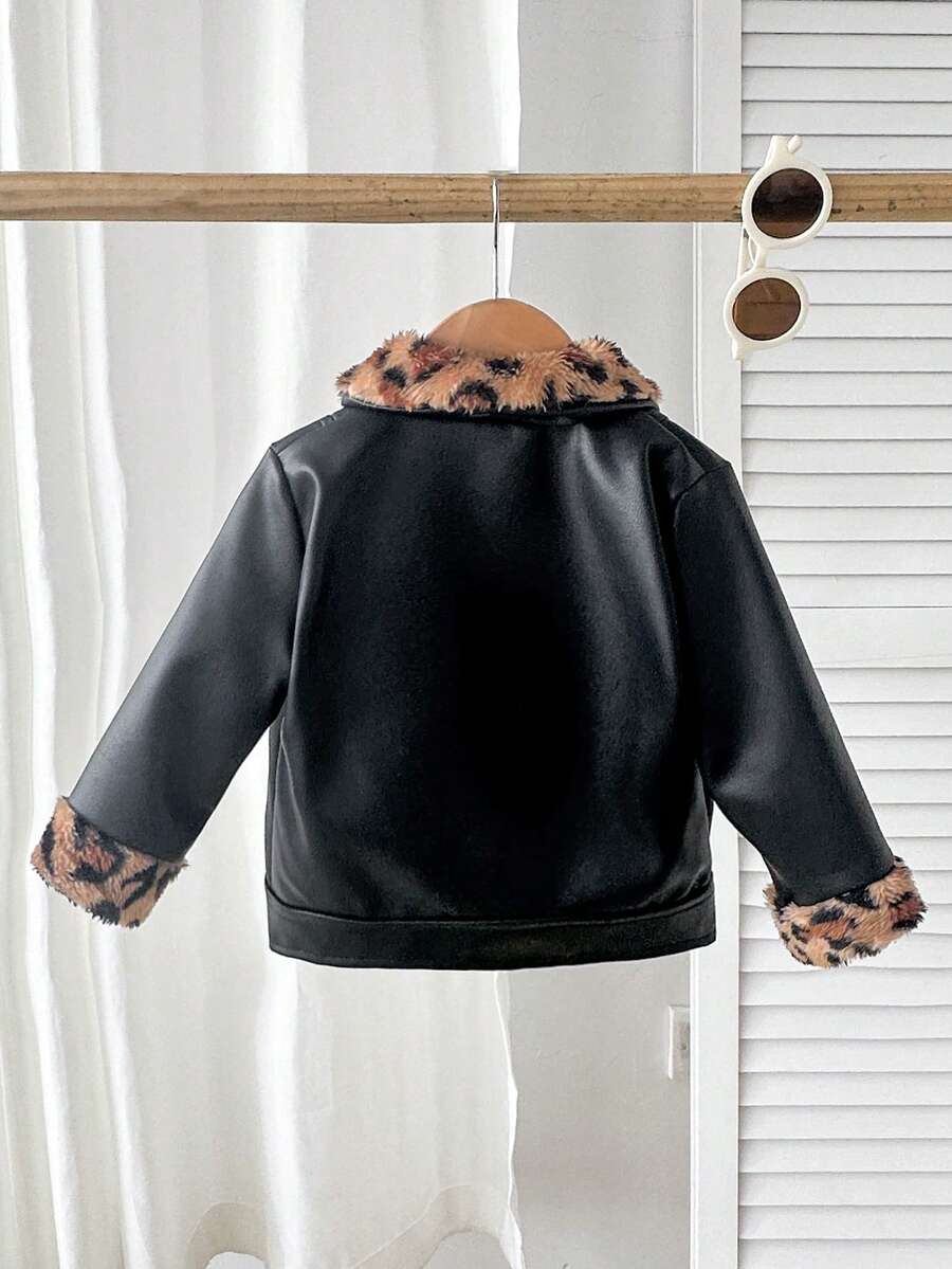 SHEIN Playful Pals Plush Patchwork Baby Boy Faux Leather Jacket, Fashionable Casual Streetwear Baby Boy Jacket