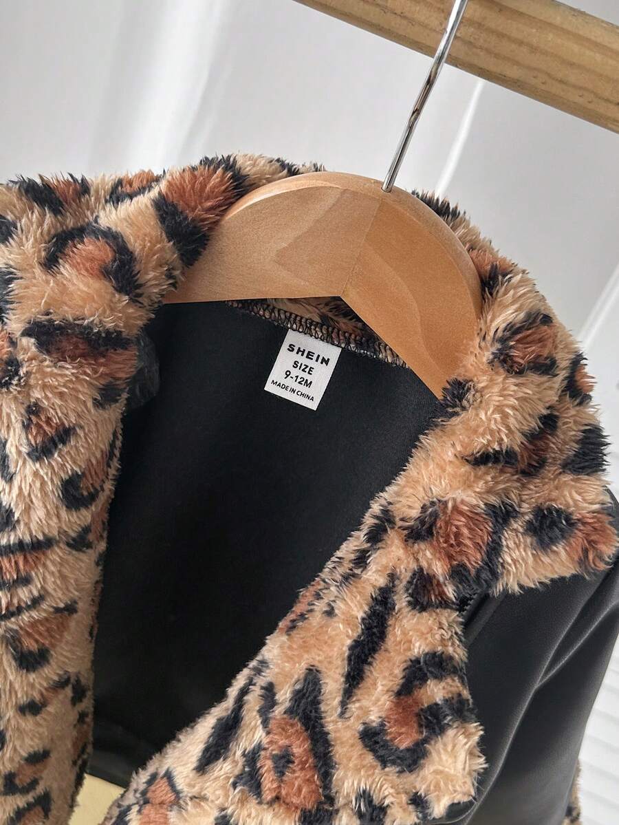 SHEIN Playful Pals Plush Patchwork Baby Boy Faux Leather Jacket, Fashionable Casual Streetwear Baby Boy Jacket