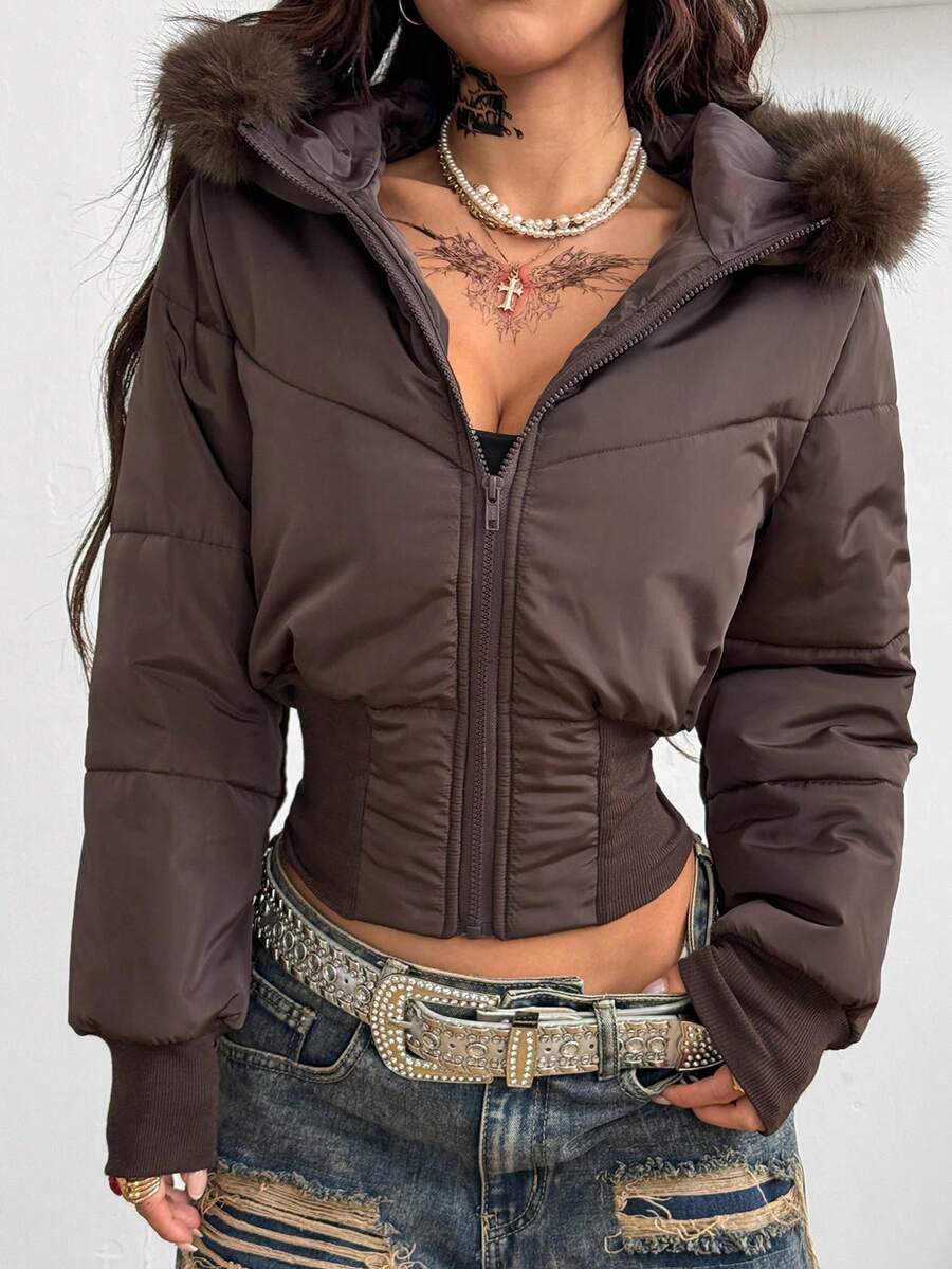Coolane Women's Winter Streetwear Basic Daily Wear Quilted Coat With Flannelette Hat Brown Warm/ Cold Weather/ Thermal Crop Jacket