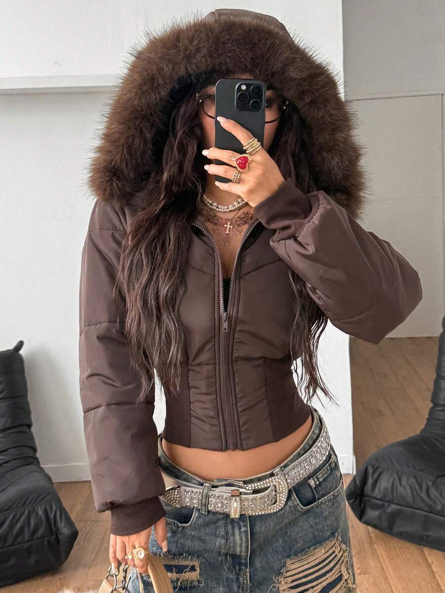Coolane Women's Winter Streetwear Basic Daily Wear Quilted Coat With Flannelette Hat Brown Warm/ Cold Weather/ Thermal Crop Jacket