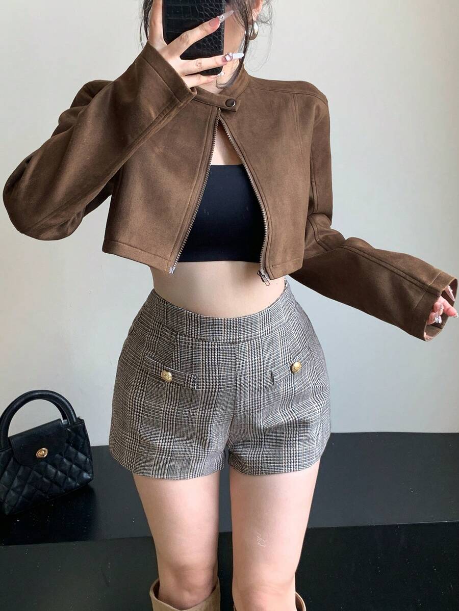 DAZY Women's Casual Loose Suede Faux Leather Jacket, Short Style, Fashion Street Wear, Autumn/Winter