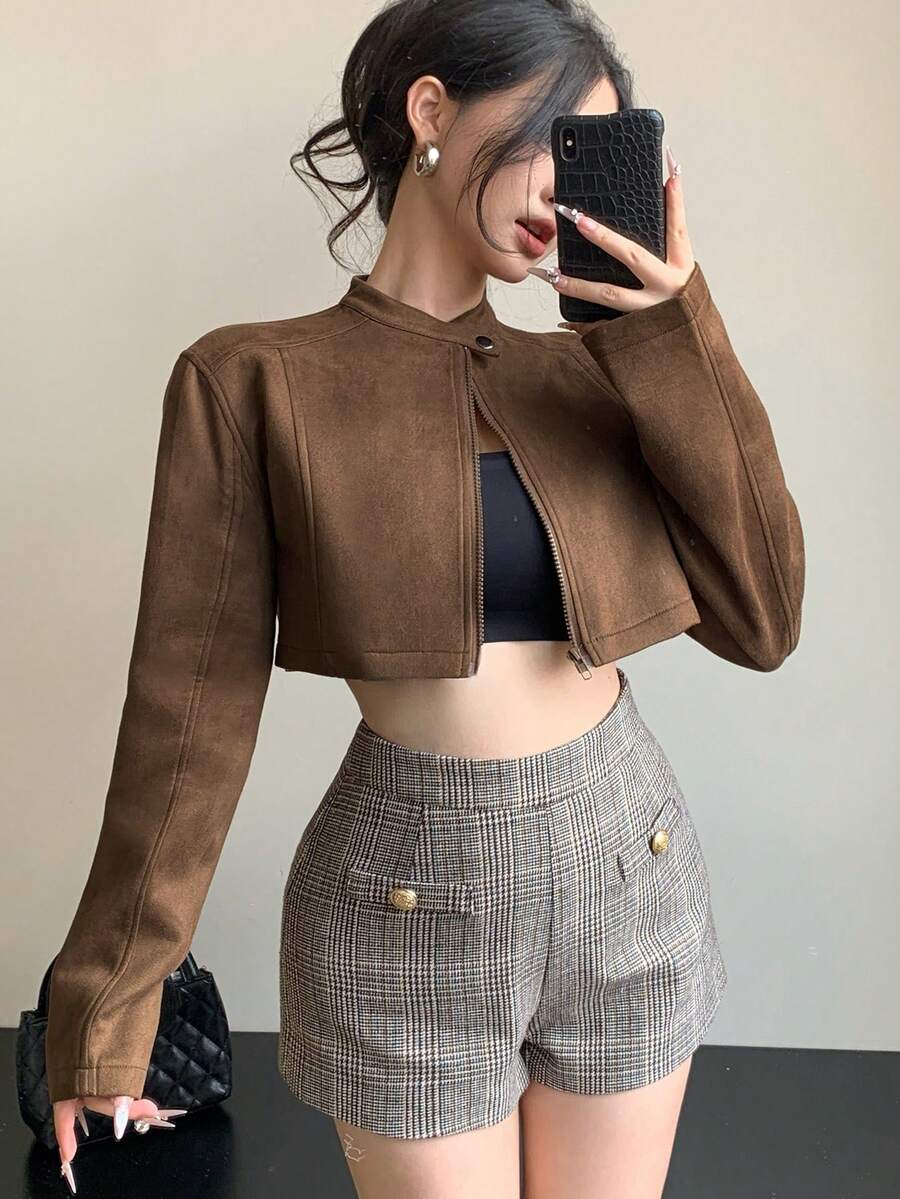 DAZY Women's Casual Loose Suede Faux Leather Jacket, Short Style, Fashion Street Wear, Autumn/Winter