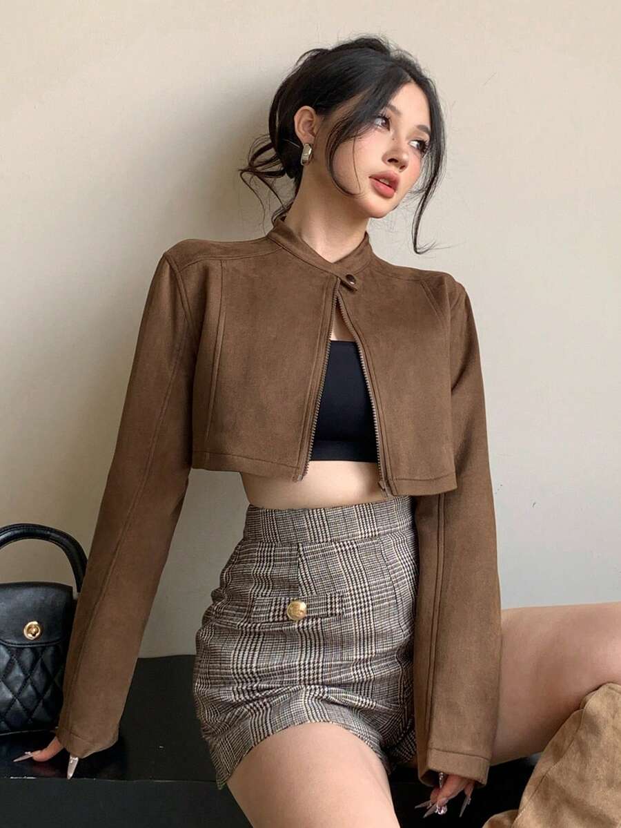 DAZY Women's Casual Loose Suede Faux Leather Jacket, Short Style, Fashion Street Wear, Autumn/Winter