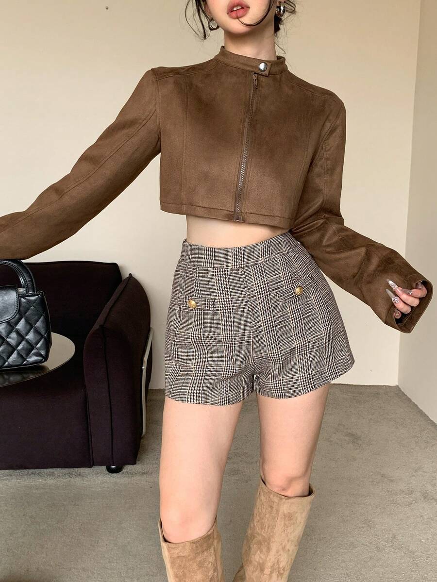 DAZY Women's Casual Loose Suede Faux Leather Jacket, Short Style, Fashion Street Wear, Autumn/Winter