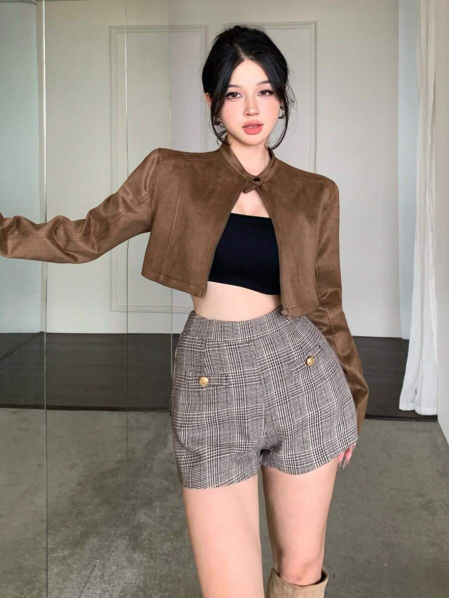DAZY Women's Casual Loose Suede Faux Leather Jacket, Short Style, Fashion Street Wear, Autumn/Winter