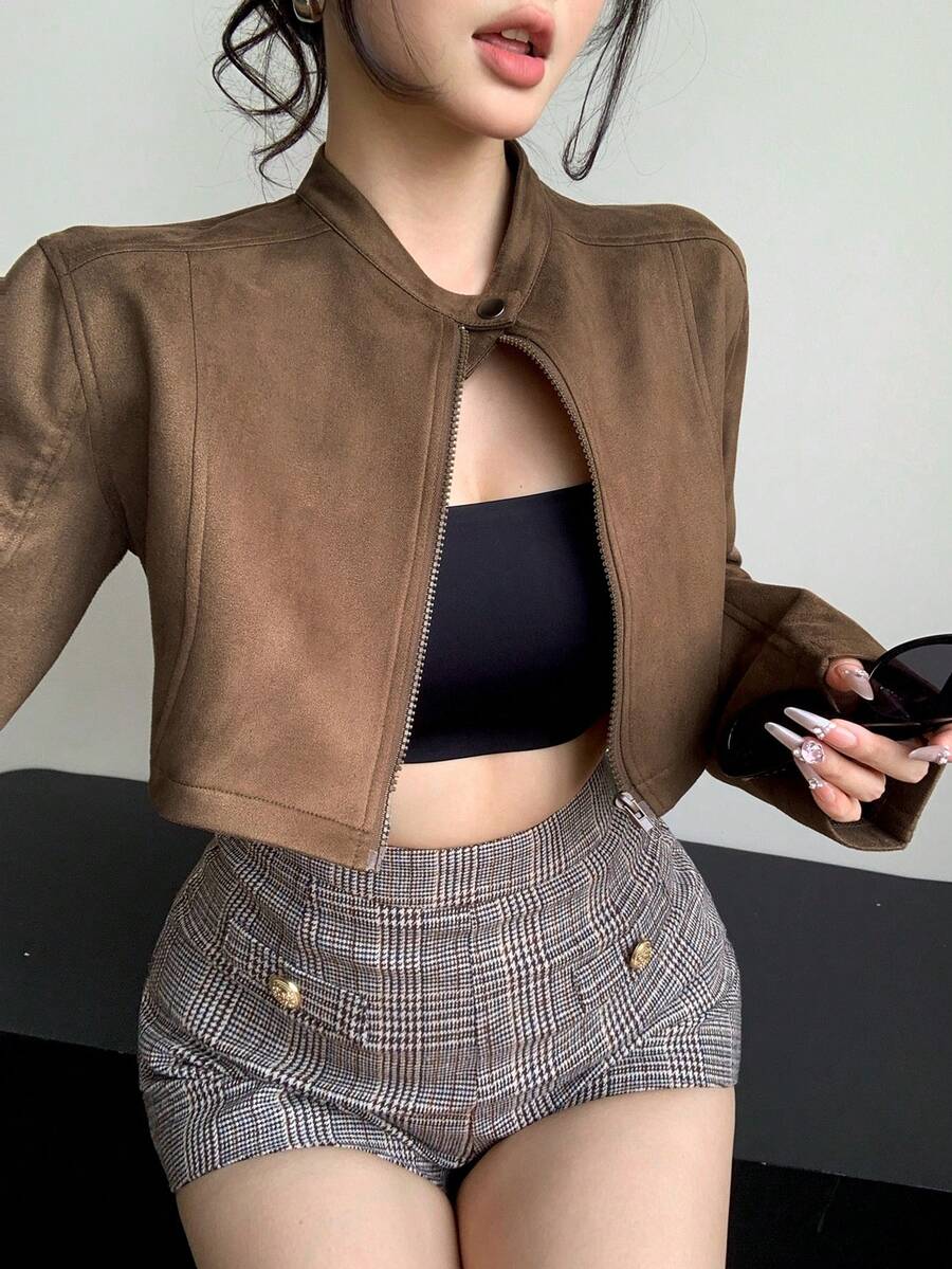 DAZY Women's Casual Loose Suede Faux Leather Jacket, Short Style, Fashion Street Wear, Autumn/Winter