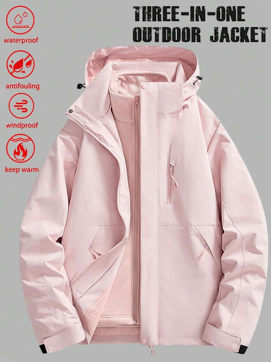 3-In-1 Women Outdoor Jacket Set, Windproof Waterproof Warm Thermal Lining Hooded Softshell Jacket And Detachable Thermal Liner, Fleece