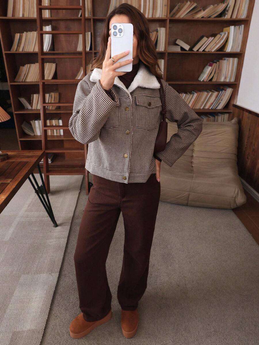 Louniche 1pc Solid Color Thermal Lined Front Zip Pocket Casual Long Sleeve Jacket Fall Winter Cloth For Women