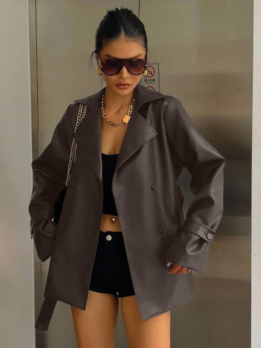 DAZY Women's Casual Belted Blazer Jacket With Lapel, Regular Fit, Autumn