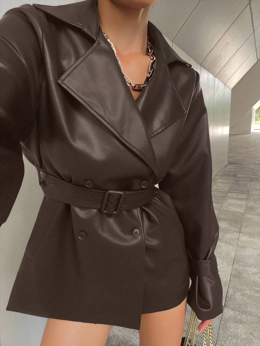 DAZY Women's Casual Belted Blazer Jacket With Lapel, Regular Fit, Autumn