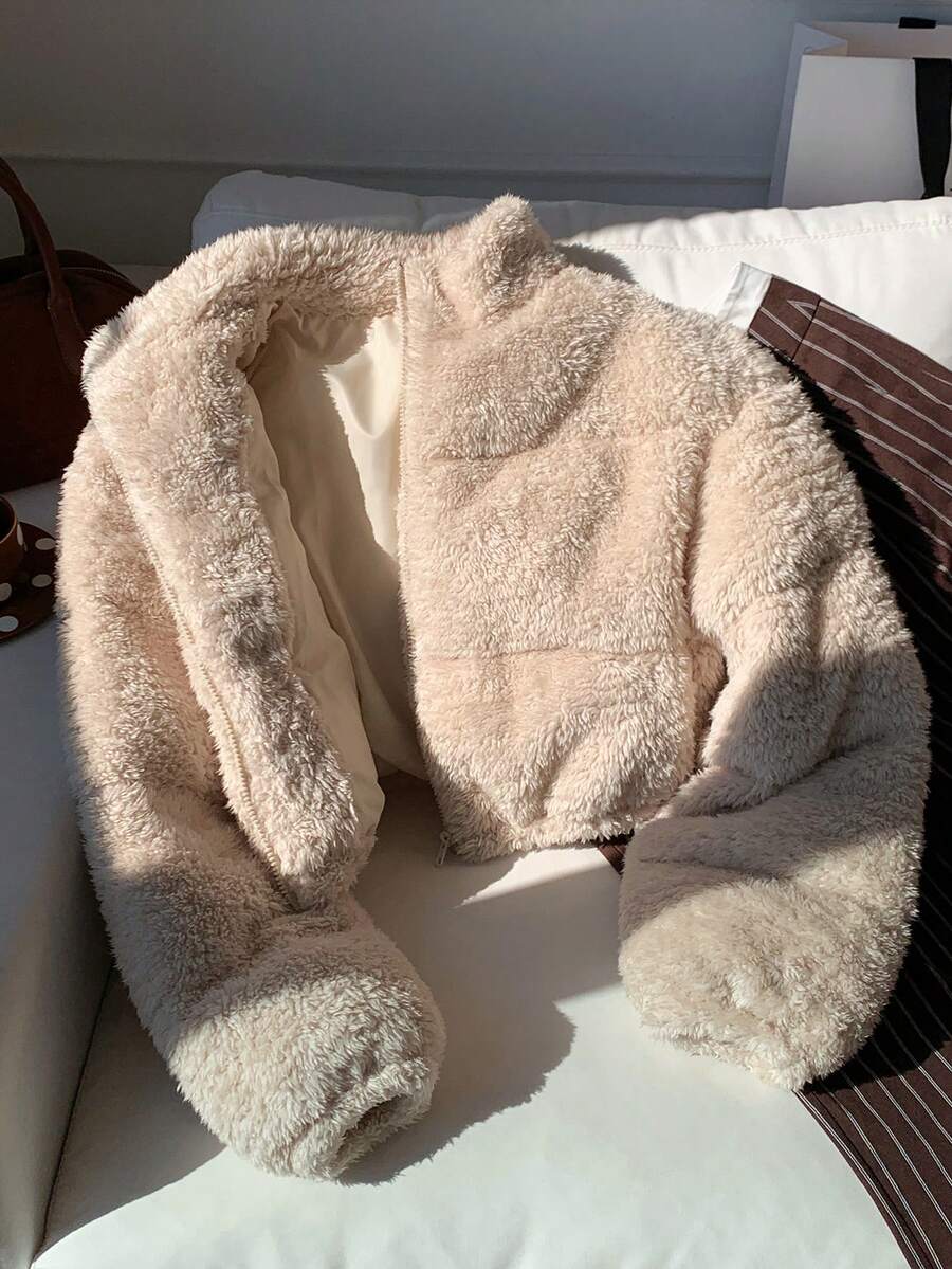 Comfortcana Women's Casual Light Gray Faux Wool Short Padded Coat In Fall/Winter