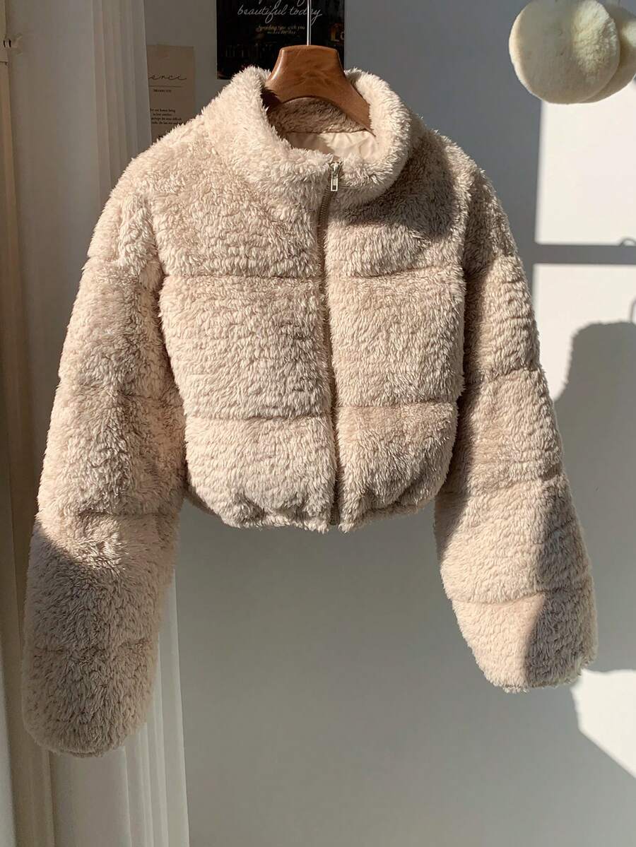 Comfortcana Women's Casual Light Gray Faux Wool Short Padded Coat In Fall/Winter