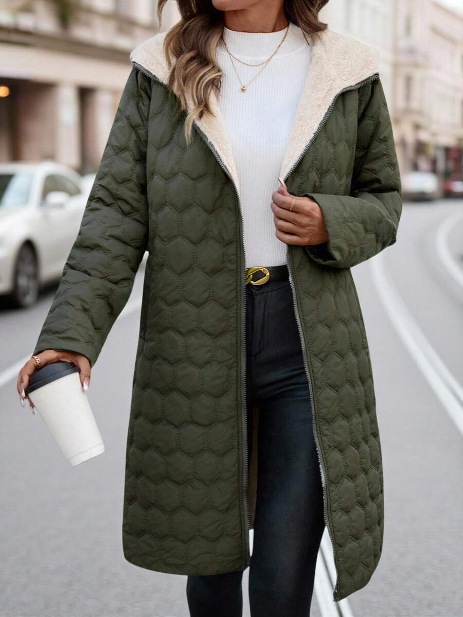SHEIN Clasi Women Zip Up Hooded Teddy Lined Quilted Coat In Fall/Winter