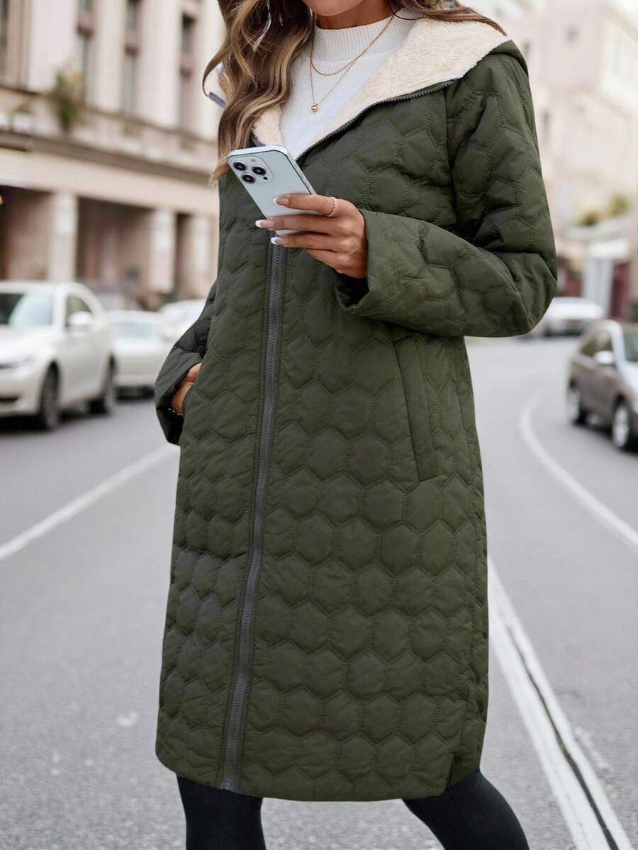 SHEIN Clasi Women Zip Up Hooded Teddy Lined Quilted Coat In Fall/Winter