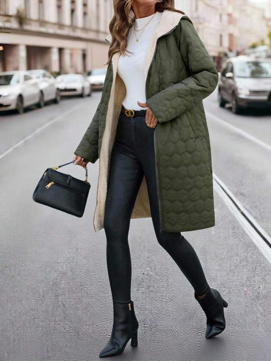 SHEIN Clasi Women Zip Up Hooded Teddy Lined Quilted Coat In Fall/Winter