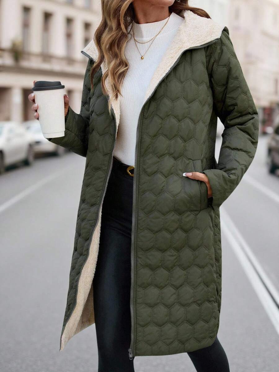 SHEIN Clasi Women Zip Up Hooded Teddy Lined Quilted Coat In Fall/Winter