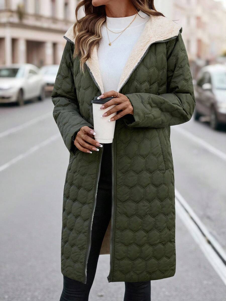 SHEIN Clasi Women Zip Up Hooded Teddy Lined Quilted Coat In Fall/Winter